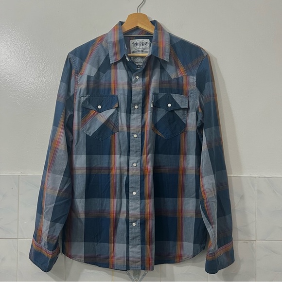 Levi's Men Button Up Shirt M Blue Plaid Pearl Snap Western Rodeo Cowboy Ranch - Picture 1 of 13